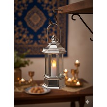 Dodomar Ramazan Ledli Dekoratif Fener Parlak Gümüş Renk 10 cm Masa ve Raf Süsü