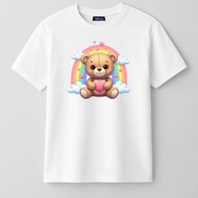 Mixxi Fashion Sevimli Ayı Gökkuşağı Cute Bear Rainbow Baskılı Kısa Kollu Unisex  Çocuk Tişört (4-13 Yaş)