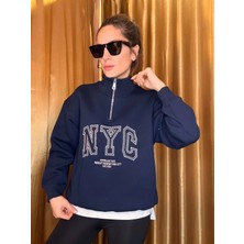 Lacivert Nyc Nakışlı Şardonlu Sweatshirt