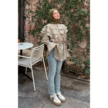 Lamelif Geniş Katlı Yakalı Gömlek Haki