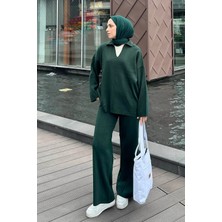Lamelif Yaka Detay Ikili Tesettür Takım Zümrüt Yeşili
