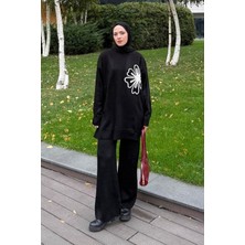 Lamelif Çiçek Detaylı Triko Takım Siyah