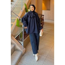 Lamelif Yaka Fular Detaylı Gömlek Koyu Lacivert