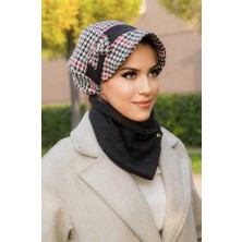 Aişe Tesettür Siyah Kırmızı Kazayağı Fiyonklutesettür Şapka ve Etol Takım