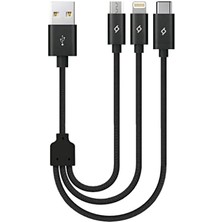 Uslucan Alışveriş Alumicable Mini Trio Lightning Micro USB 30CM Şarj Kablosu, Siyah