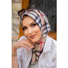 Aişe Tesettür Bej Ekose Desenli Tak Çık Hazır Eşarp