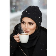 Aişe Tesettür Siyah Swarovski Taşlı Maskeli Bere