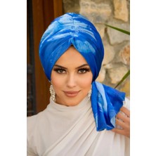 Aişe Tesettür Mavi Batik Desen Tül Tokalı Bone