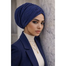 Aişe Tesettür Lacivert Çizgili Büzgülü Salaş Bone