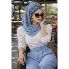 Aişe Tesettür Kot Mavi Çiçek Desen Hazır Şal