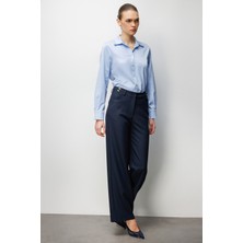 Ekol Kadın Beli Metal Aksesuarlı Bol Paça Pantolon 4010 Lacivert