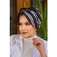 Aişe Tesettür Siyah Kırmızı Çizgili Şapka Bone