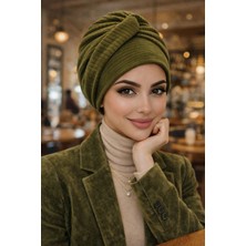 Aişe Tesettür Haki Kadife Burgu Bantlı Hazır Bone