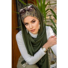 Aişe Tesettür Haki Yazı Desenli Bone Hazır Şal