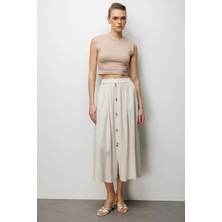 Ekol Kadın Yırtmaçlı Süs Düğmeli Keten Etek 3958 Kum