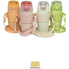 Uslucan Alışveriş 360ML Moda Deri Kılıflı Pipetli Askılı Pastel Renkli Paslanmaz Çelik Termos Matara (Pembe)