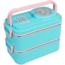 Uslucan Alışveriş 1200ML Lunchbox 2 Katlı 4 Bölmeli Mini Kaseli Çelik Sefer Tası Yemek Kutusu (Turkuaz-Pembe)