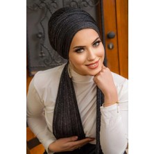 Aişe Tesettür Siyah Gümüş Simli Piliseli Abiye Atkılı Bone