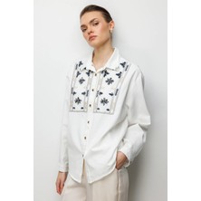 Ekol Kadın Taşlı Desen Işlemeli Pamuklu Gömlek 2914 Ekru