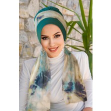 Aişe Tesettür Zümrüt Turkuaz Batik Desen Fularlı Bone