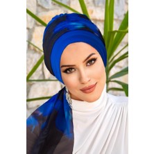 Aişe Tesettür Saks Siyah Batik Fularlı Bone