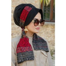 Aişe Tesettür Siyah Bordo Etnik Desen Şapkalı Bone
