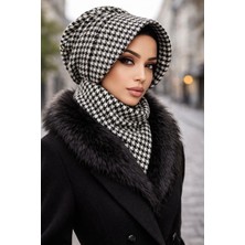 Aişe Tesettür Siyah Kazayağı Kaşe Şapkalı Bone ve Etol Takım