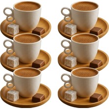 Uslucan Alışveriş 6'lı Seramik Türk Kahvesi Fincan Takımı – Ahşap Bambu Tabaklı, Modern Kulplu, Şık Kahve Sunum Seti