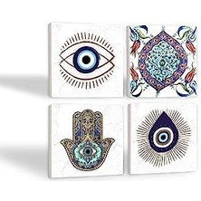 Uslucan Alışveriş Nazar, Çini Sanatı, Fatma Ana Eli  Taş Bardak Altlığı Seti - 4 Parça - Dekoratif, Rustik Mutfak Aksesuarı, 10X10 Cm, Kaydırmaz Tabanlı, Şık ve Dayanıklı SC410