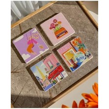 Uslucan Alışveriş Renkli Retro Desenli Doğal Taş Bardak Altlığı Seti, 4’lü