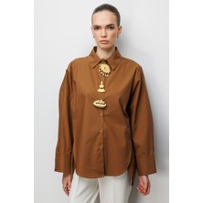 Ekol Kadın Metal Broşlu Oversize Pamuk Gömlek 2822 Kakao