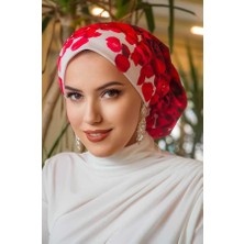 Aişe Tesettür Kırmızı Gül Desen Çağla Hazır Türban