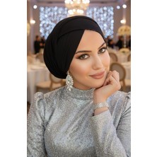 Aişe Tesettür Siyah Abiye Tül Çapraz Bone / Abiye Üstüne Kullanılabilir