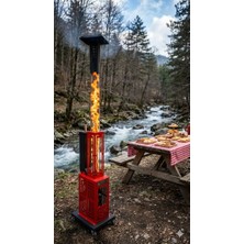 Bey Şömine Pelet Soba Roket Pelet Sobası Kasalı Muhafazalı Tekerlekli Pelet Soba Kırmızı