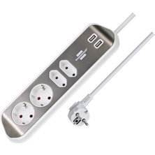 Uslucan Alışveriş Estilo Köşe Priz Çubuğu - 4'lü Yüksek Kaliteli Paslanmaz Çelik Yüzeyli, 2 Schuko ve 2 Euro Priz, USB Şarj Fonksiyonlu, Gümüş/beyaz
