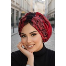 Aişe Tesettür Kırmızı Siyah Büzgülü Dolama Bone