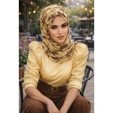 Aişe Tesettür Uçuk Sarı Kahve Çiçek Desen Hazır Şal