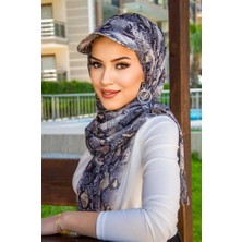 Aişe Tesettür Siyah Yılan Derisi Desen Kepli Bandana Şapka Şal