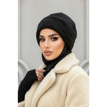 Aişe Tesettür Siyah Kürk Aksesuarlı Tesettür Bere
