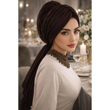 Aişe Tesettür Kahverengi Tokalı Abiye Bone Şal / Hazır Duvak