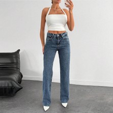 Magnox Kadın Koyu Mavi Yüksek Bel Düz Paça Jean – %100 Pamuk Denim