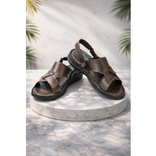 İhvan Online Hakiki Deri Ortopedik Topuk Jelli Erkek Sandalet Terlik - Hac Umre Günlük Rahat Taban Sandalet - Kahverengi