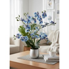 Nettenevime Yapay Çiçek Mavi 9 Dallı Islak Orkide Gümüş Metal Saksıda Saksıda Orkide 60CM