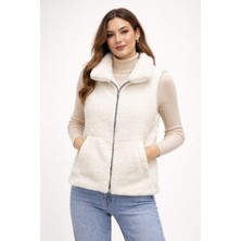 SINWEAR Welsoft Kuzu Desen Peluş Kadın Yelek Astarlı Çift Cepli Rahat Kalıp