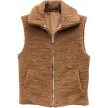 SINWEAR Welsoft Kuzu Desen Peluş Kadın Yelek Astarlı Çift Cepli Rahat Kalıp