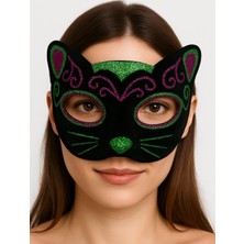 Toptan Bulurum Siyah Kadife Kaplama Üzeri Pembe Yeşil Sim Işlemeli Kedi Maskesi 20X13 cm