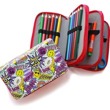 Uslucan Alışveriş Kalem Kutusu Wow Oops Boom Smile Desenli Kawai Organizer Kalemkutu Vegan Deri Üç Bölmeli Kalemlik