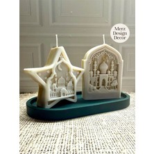 Merz Design Decor Dekoratif Tabak Üzerinde Ramazan Temalı Yıldız ve Cami %100 Doğal Vegan Soya Mum Seti