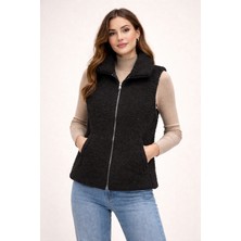 SINWEAR Welsoft Kuzu Desen Peluş Kadın Yelek Astarlı Çift Cepli Rahat Kalıp