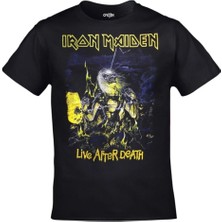 Unisex Siyah Iron Maiden Live After Death Ön Arka Baskılı Tshirt